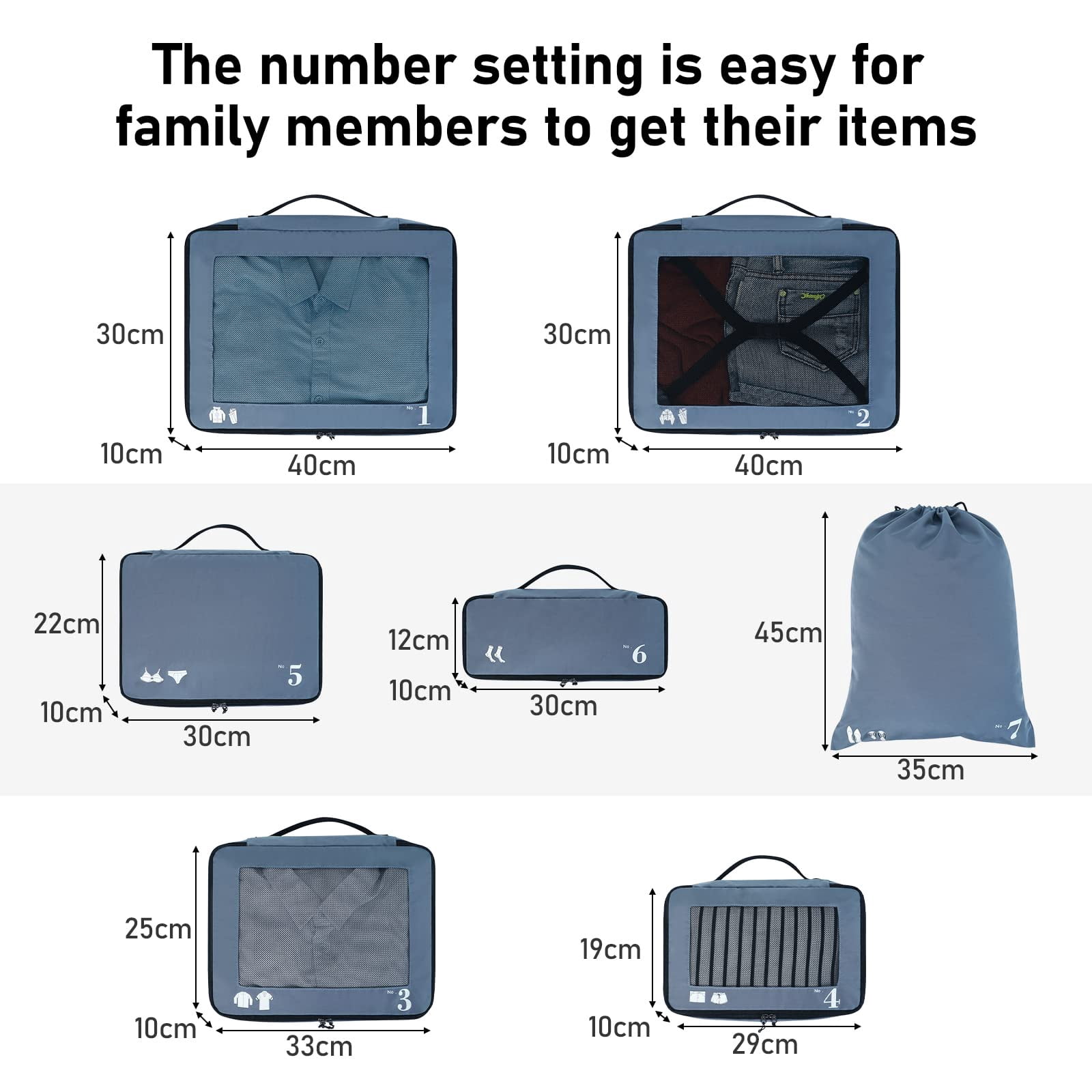 7 Pcs Packing Cubes for Travel Organizer Tear-Resistant with Number Icon Handle Storage Bags for Carry on Bag for Clothes Shoes, Blue