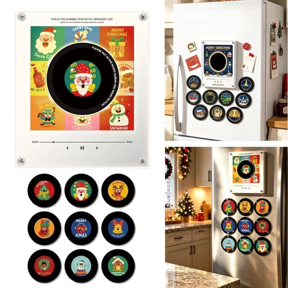 Christmas Jingle Vinyl Player Fridge,Music Magnets for Refrigerator,Fridge Record Nfc Magnetic Music Box Set with 9 Programmable Playback,Vinyl Record Fridge Magnet