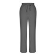 thumbnail image 6 of Women Petite Linen Pants High Waisted Straight Leg Casual Cotton Trousers Elastic Waist Drawstring with Pockets Dark Gray, 6 of 8