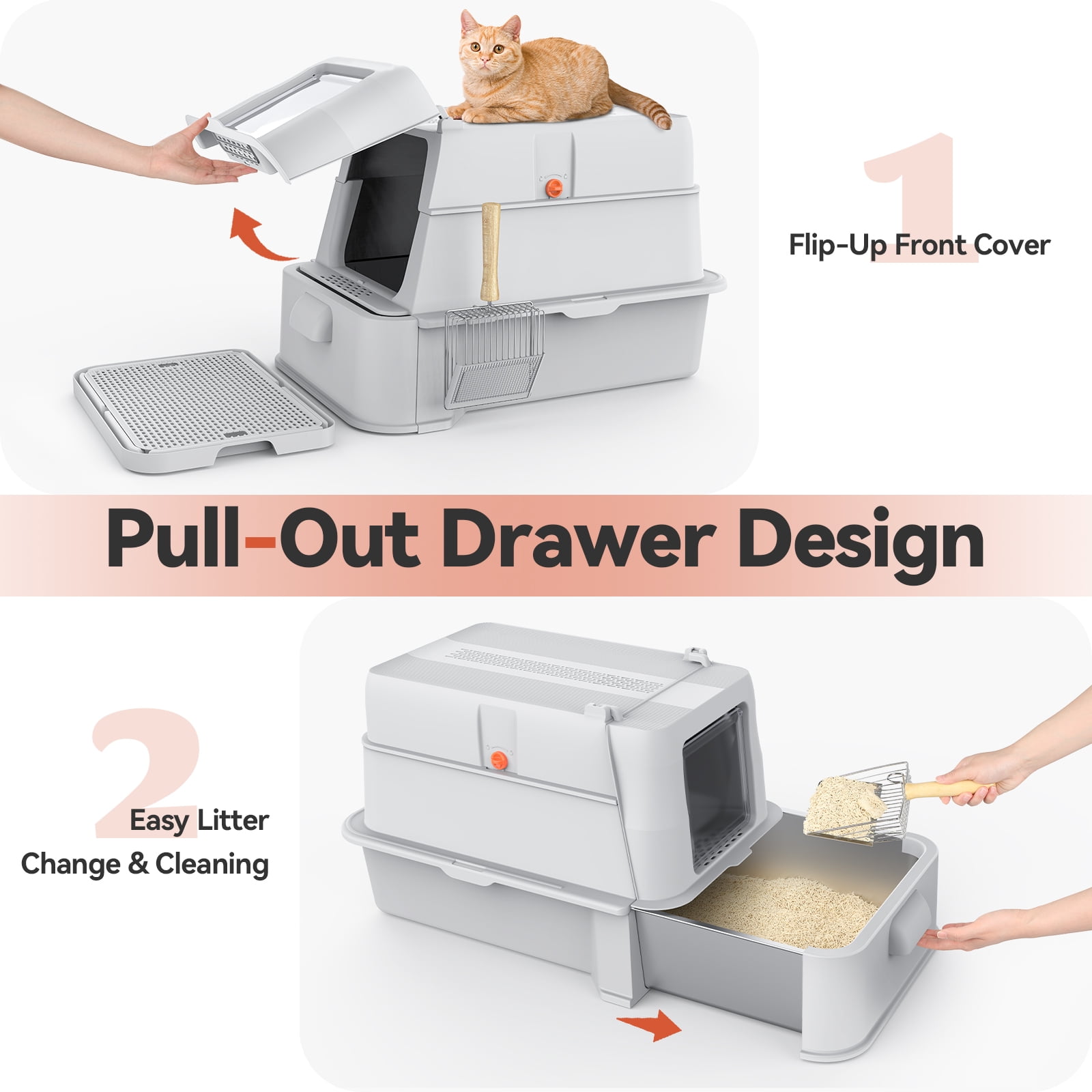 Covered Stainless Steel Cat Litter Box with Odor Control, Modular Design with Drawer, Easy to Clean with Scoop,XL Size Fits All Cats (Light Grey)