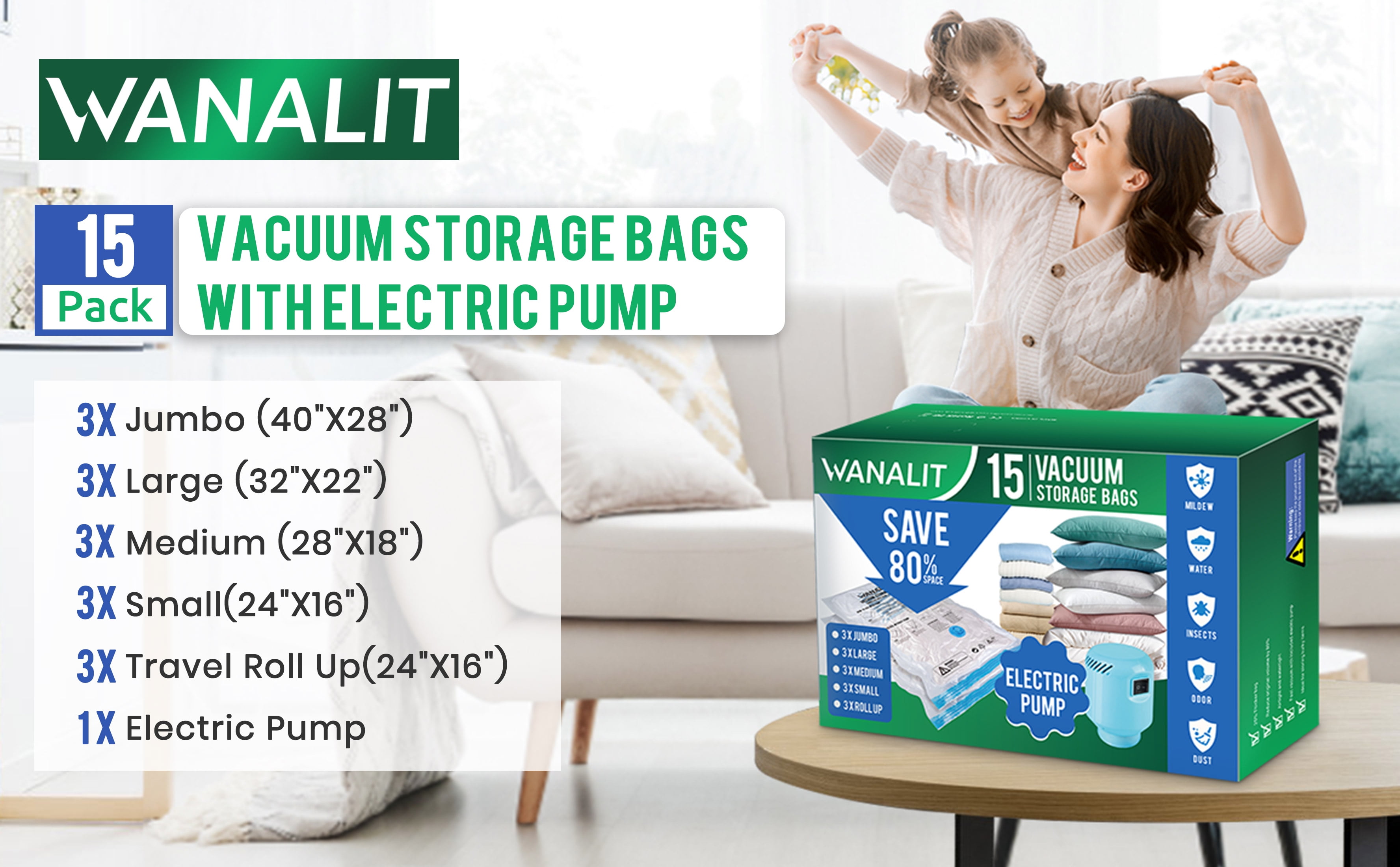 Vacuum Storage Bags with Electric Pump, 20 Pack (3 Jumbo/3 Large/7