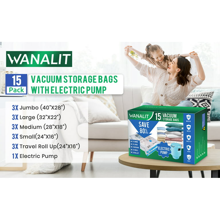 WANALIT Vacuum Storage Bags,15 Combo Space Saver Vacuum Storage Bags(3  Jumbo/3 Large/3 Medium/3 Small/3 Roll up), Airtight Vacuum Sealed Bags with  Electric Pump for Clothes Blankets and Comforters 