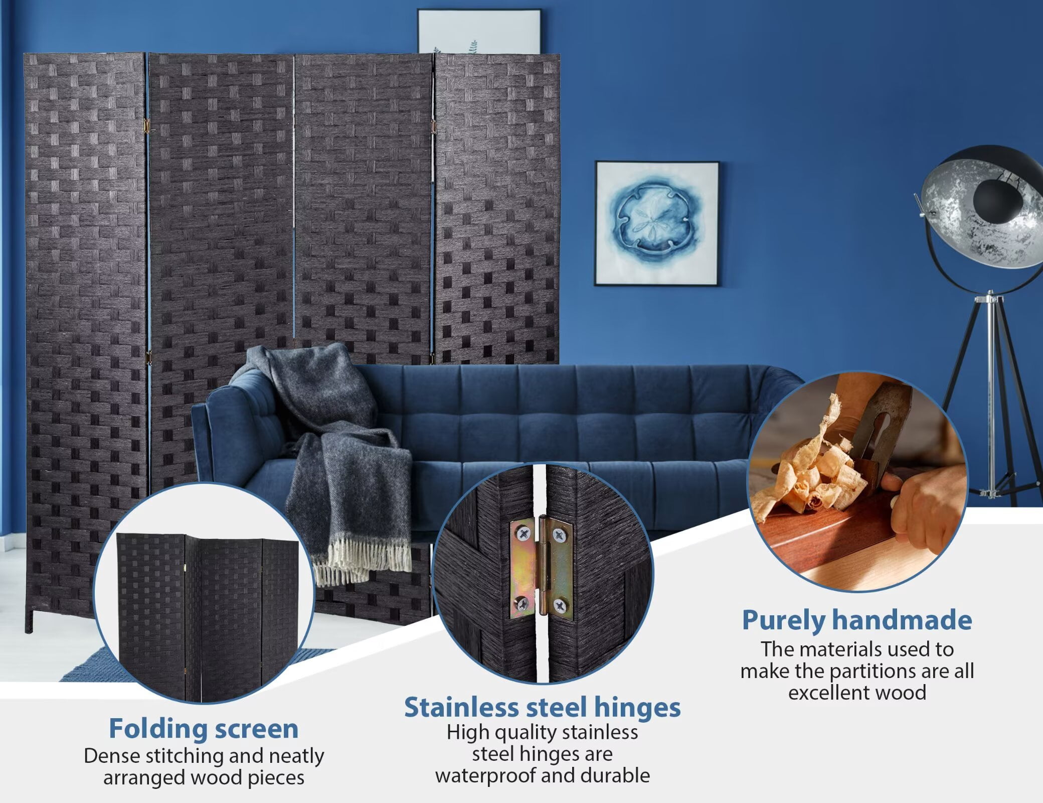 YRLLENSDAN,4 Panels,Room Divider Panel,Wall Divider for Room Separation,Privacy Screen Indoor,Foldable,Portable,Wooden,Independent Type,Black