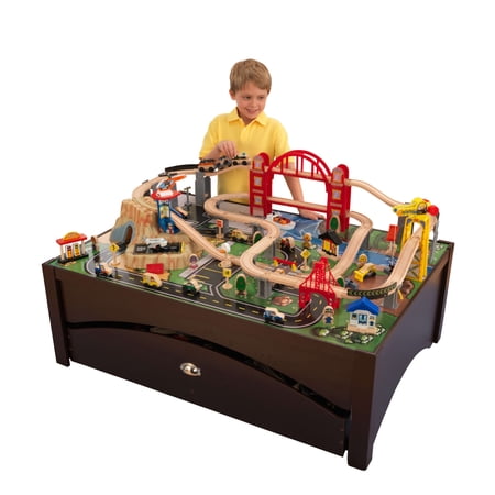 KidKraft Metropolis Wooden Train Set & Table with 100 Pieces and Storage Drawer, Espresso