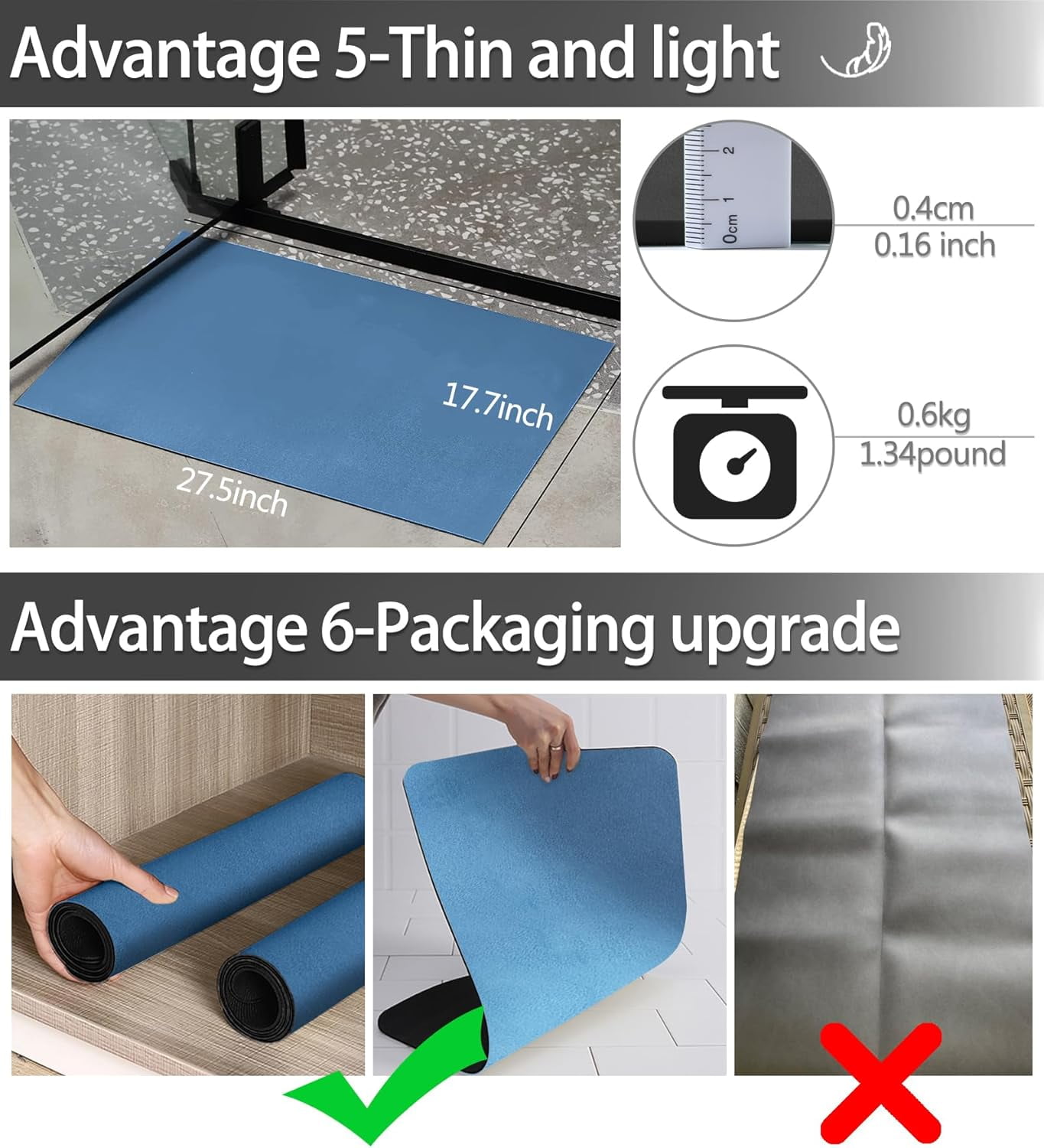 Thin Diatomaceous Earth Bath Mat,Non Slip Quick Dry Mats for Bathroom,Super Absorbency Bathtub Mats-Washable Shower Mat Bathroom Floor Mat(Blue,17.7"x27.5")