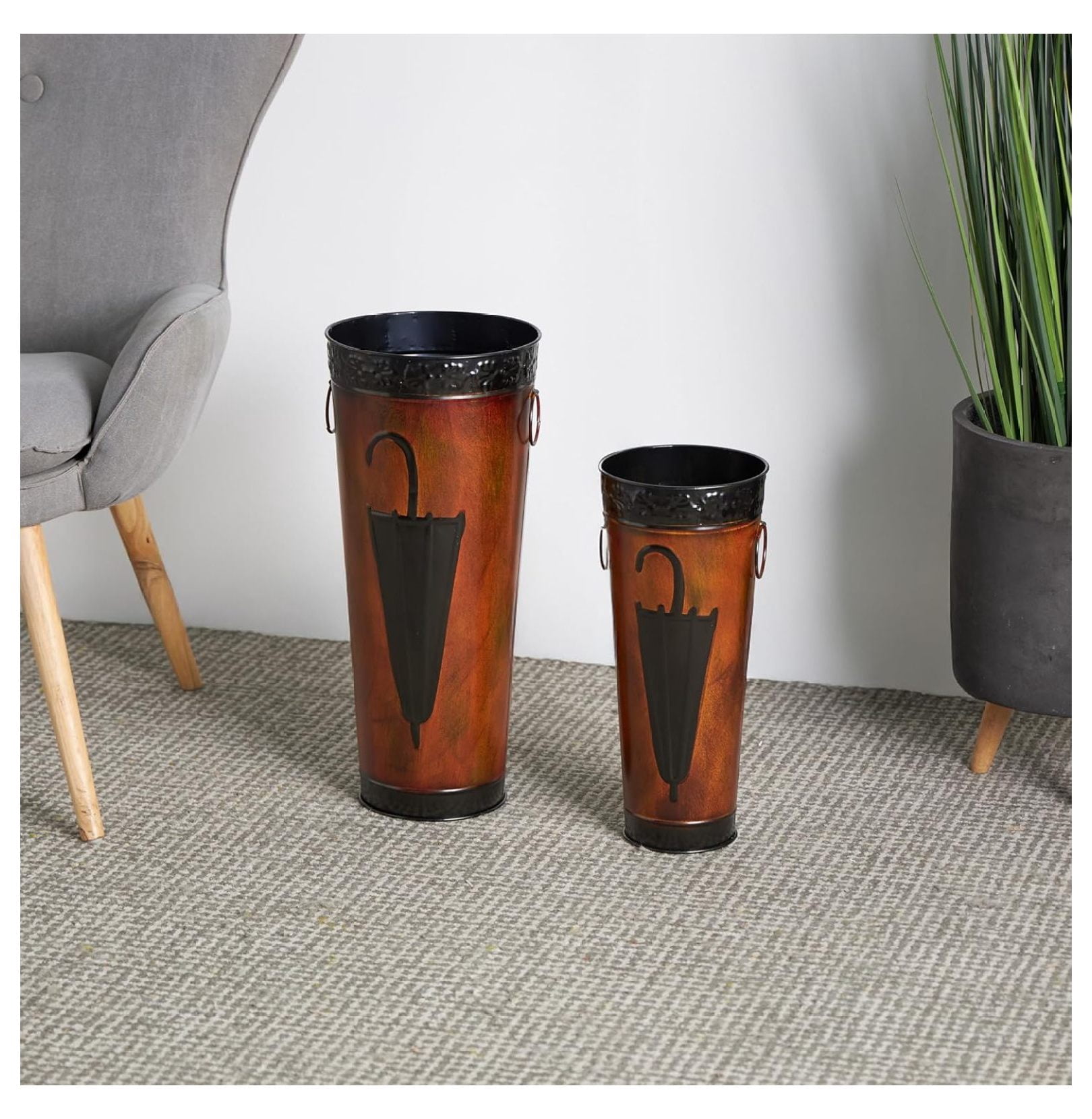 Metal Umbrella Stand with Umbrella Image and Handles, Set of 2 21", 17"H, Brown