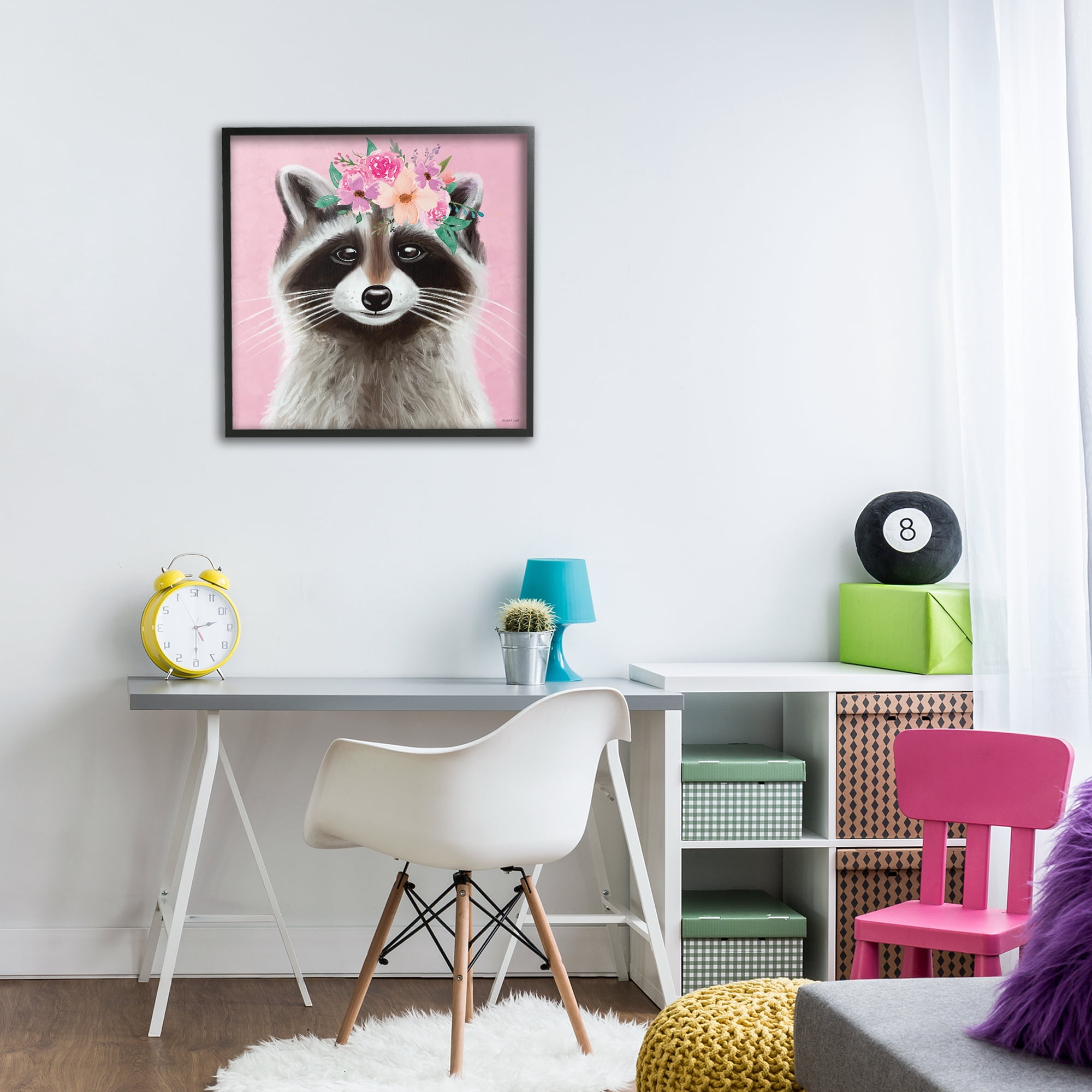 Stupell Industries Pink Florals Raccoon Animals & Insects Painting Black Framed Art Print Wall Art, 24 x 24