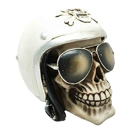 Skull With White Pilot Helmet and Aviator Shades Skeleton Figurine Sculpture