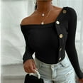 thumbnail image 2 of Womens Off Shoulder Sweater Sexy Long Sleeve Knit Pullover Tops Button Slim Fit Knitting Blouse T Shirts, 2 of 5