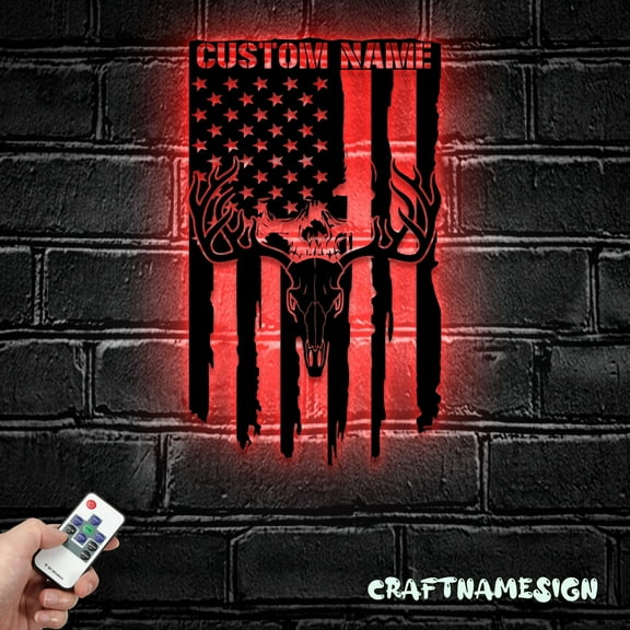 Craftnamesign Custom Deer Hunting Metal Wall Art LED Light, Deer Buck Head Hunter Name Sign