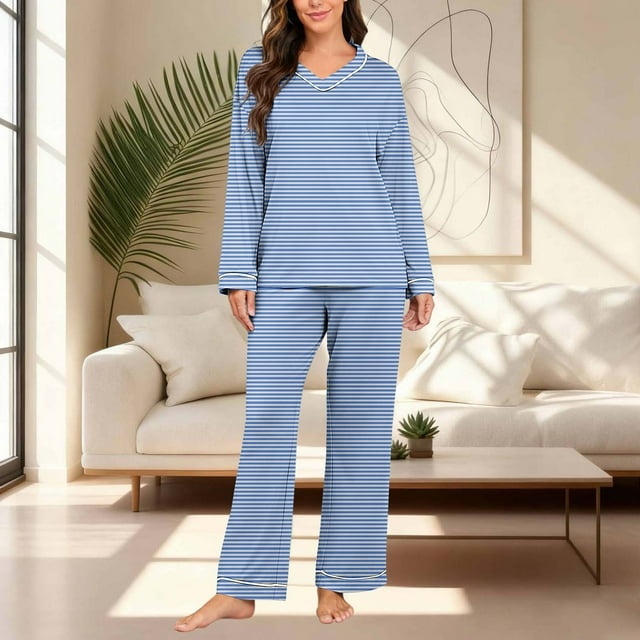 Cameland Ensemble de Pyjama Décontracté à Rayures pour Femmes, Col en V, Manches Longues