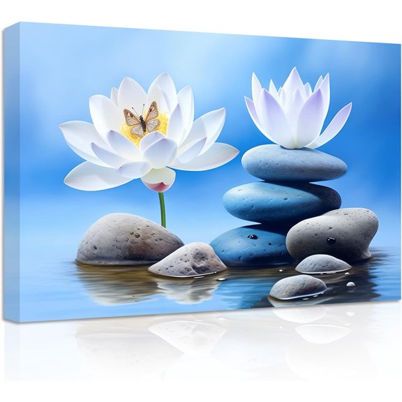 ZHONGYUTONG Zen Picture Lotus Wall Art Stone Butterfly Water Lily Canvas Prints Teal Blue Bathroom Wall Decor Spiritual Artwork for Yoga Spa Meditation Room (24.00" x 36.00")