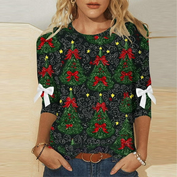 Women's Plus Size Christmas Round Neck Three-Quarter Sleeve Casual Loose Blouse