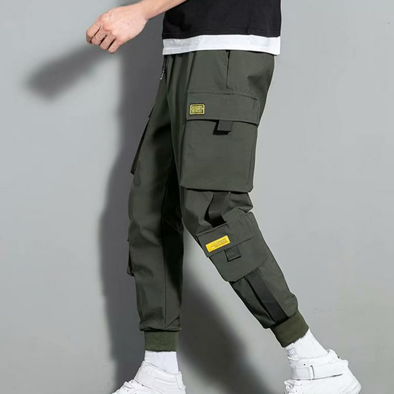 Men Cargo Pants Black Ribbons Block Multi-Pocket Harem Joggers Sweatpant  Hip Hop Casual Male Trousers