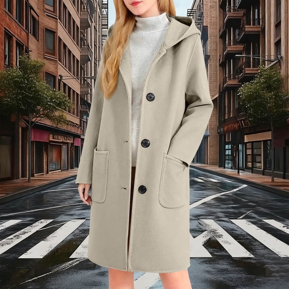 SYMOID Womens Beige 50% Wool 50% Polyester Hooded Coat - Fall Winter Warm Mid-Length, Front Patch Pockets, Easy-Care for Daily/Work, S-XXL at Walmart,Size L