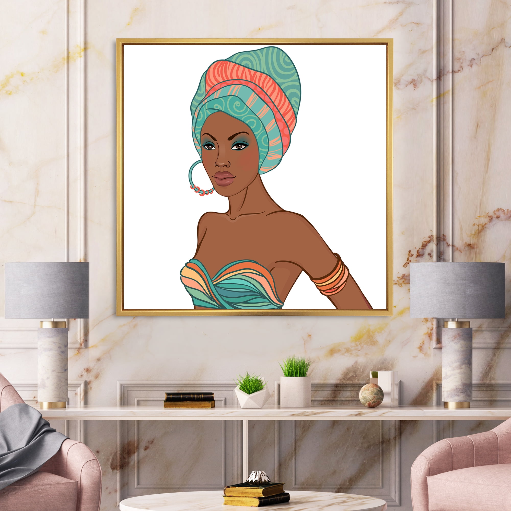 Designart 'African American Woman With Turban and Earring' Modern Framed Canvas Wall Art Print