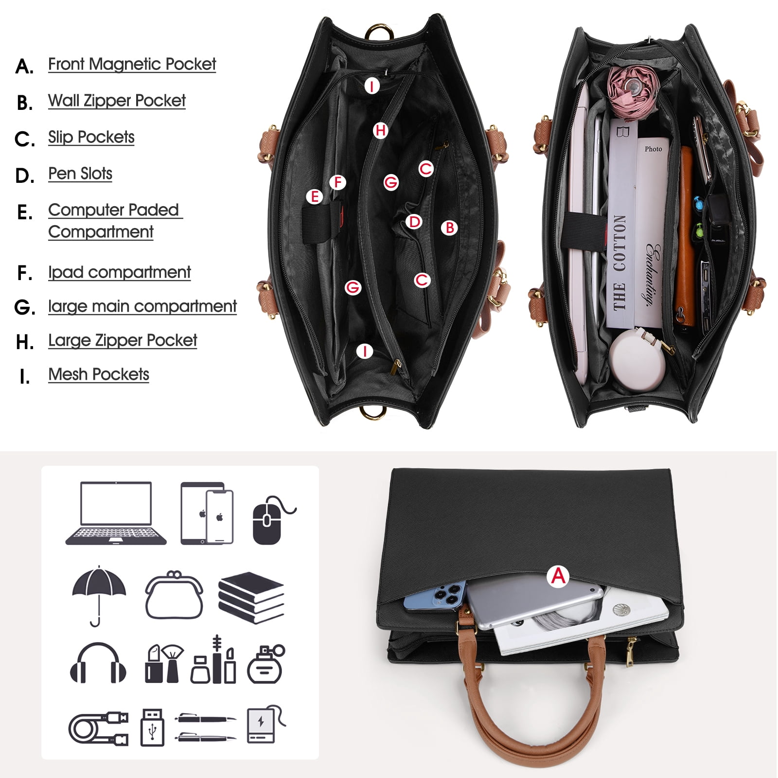 RAINSMORE Laptop Bag for Women 15.6 Inch PU Tote Bag Lightweight Business Office Handbag Work Bag Waterproof Shoulder Briefcase