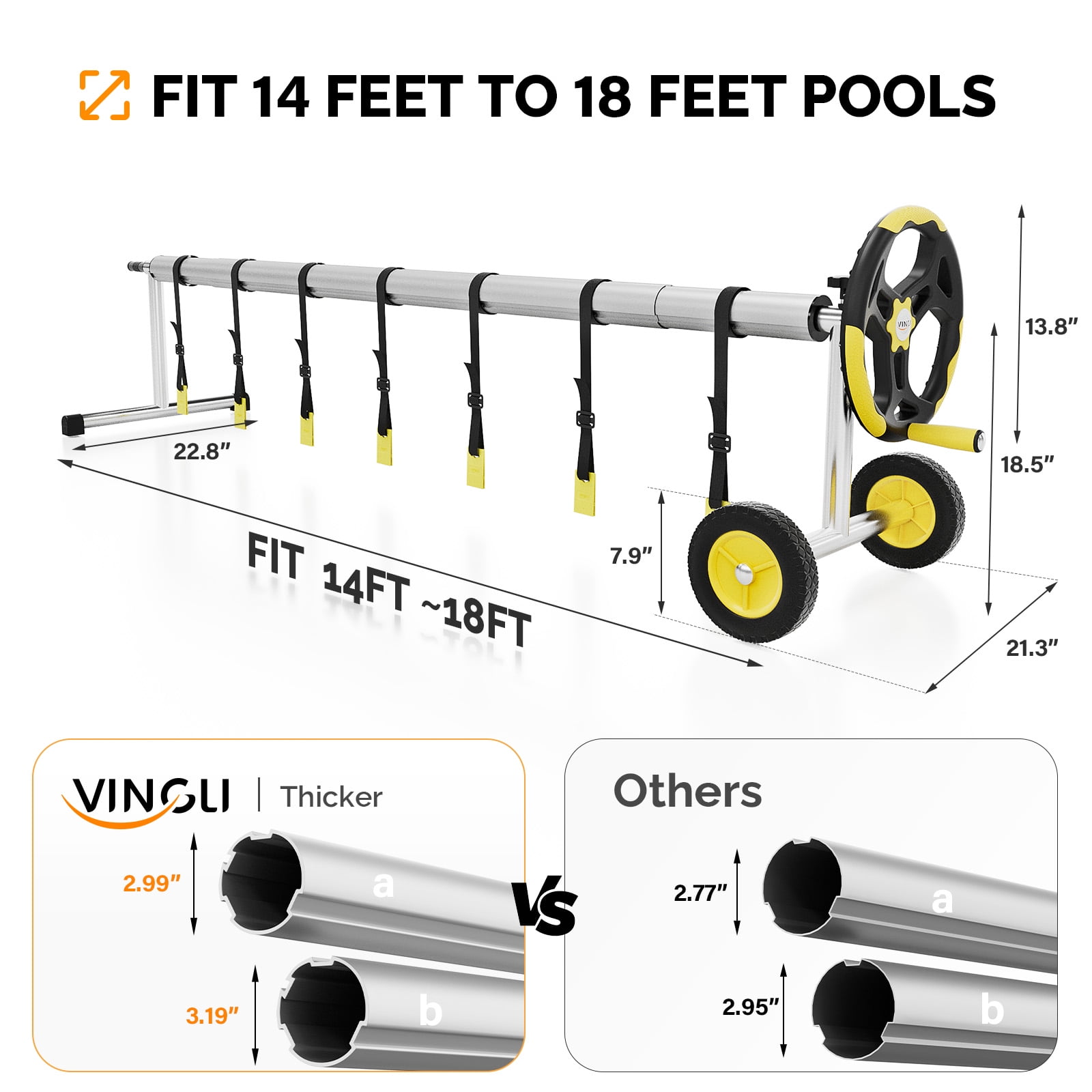 VINGLI 18 ft Solar Pool Cover Reel Set for In-ground Swimming Pool,  Aluminum Tube Pool Cover Blanket Reel 
