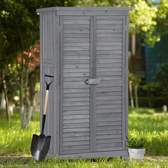 SYNGAR Outdoor Storage Cabinet, Garden Wood Storage Shed, Outside Vertical Shed with Lockers and 3-Tier Shelves, 68" Tall Tool Shed for Patio, Backyard, Balcony, Gray, D6984