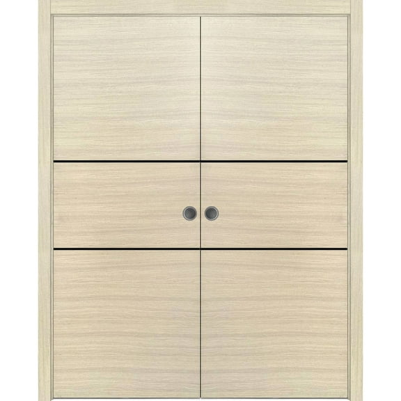 Sliding French Double Pocket Doors 36 x 80 inches | Planum 0014 Natural Veneer with Frosted Glass | Kit Trims Rail Hardware | Solid Wood Interior Bedroom Sturdy Doors