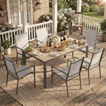 Aiho 7 Pieces Patio Table and Chairs Set, All-Weather Outdoor Dining Set with Umbrella Hole & 6 Textilene Dining Chairs, Perfect for Garden, Yard, Gray