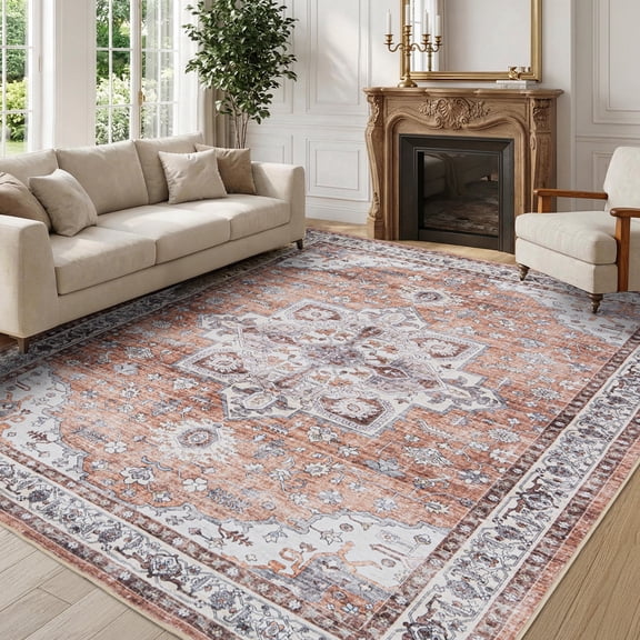 Wondiair 5x7 Vintage Persian Area Rug, Machine Washable Non-Slip Low Pile Carpet in Terracotta Brown, Soft Indoor Rug for Living Room, Dining Room, Bedroom and Kids Room