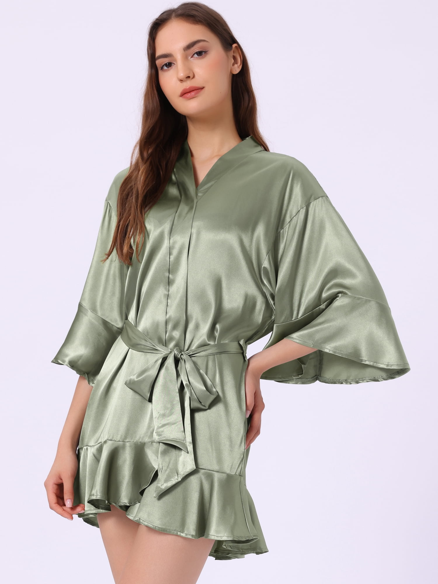 DARING DIVA Women's Satin Silky 3/4 Sleeves Tie Waist Loungewear Robes L Pea Green