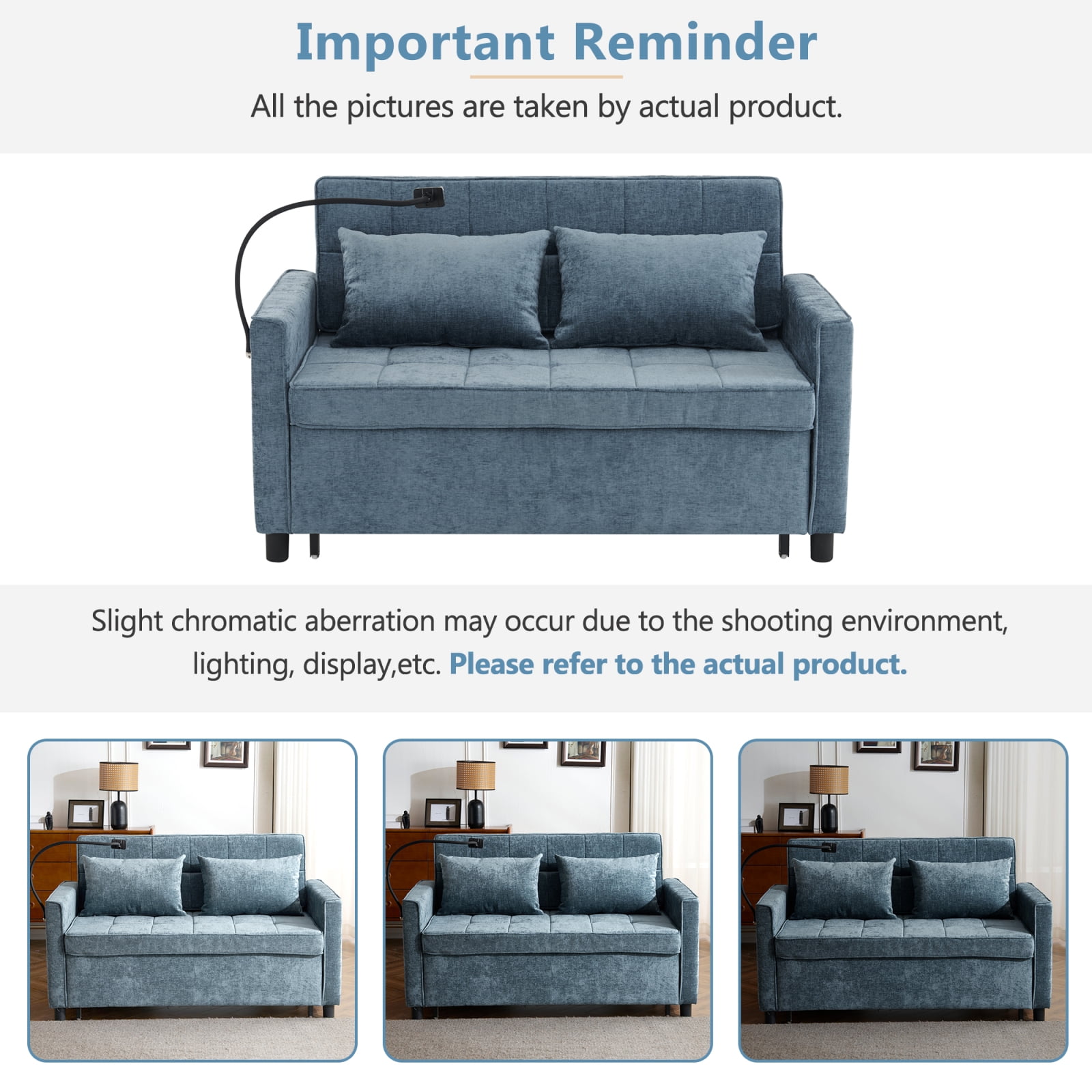 Harper & Bright Designs Loveseat with Pull Out Bed, Convertible Tufted Sleeper Sofa Bed with Adjustable Backrest, Chenille Pull-Out Bed with USB Charging Ports for Apartments Small Spaces, Blue