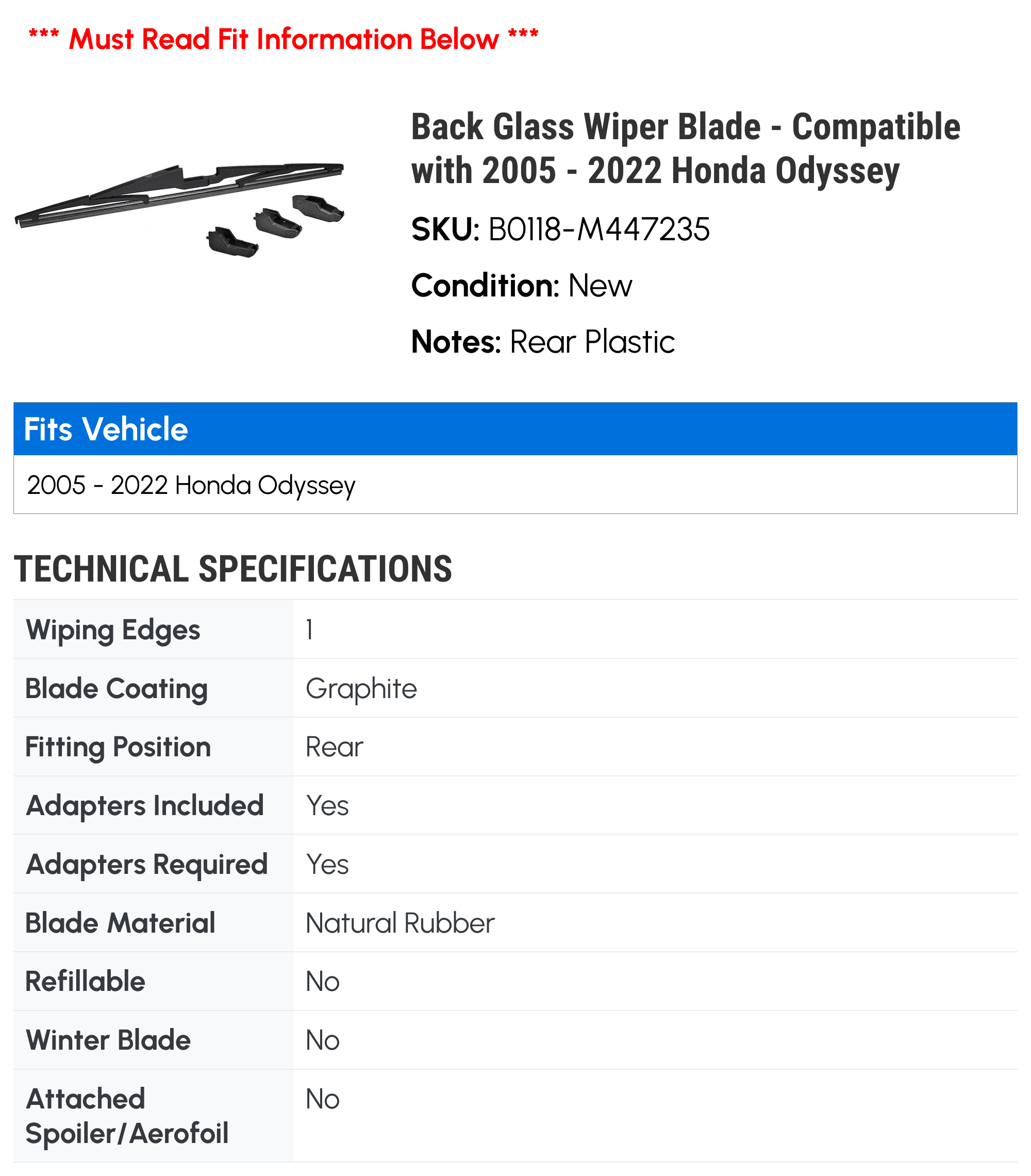 Back Glass Wiper Blade - Compatible with 2005 - 2022 Honda Odyssey 2006 2007 2008 2009 2010 2011 2012 2013 2014 2015 2016 2017 2018 2019 2020 2021