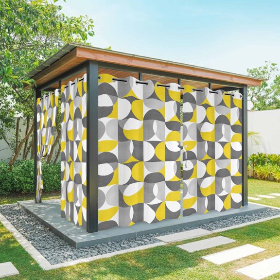 Vintage Mid-Century Outdoor Curtains for Patio Waterproof, Modern Abstract Geometric Yellow Gray Grommet Curtains for Porch Outside Privacy Drape for Gazebo Garden Pergola, 2 Panels, 54x84in