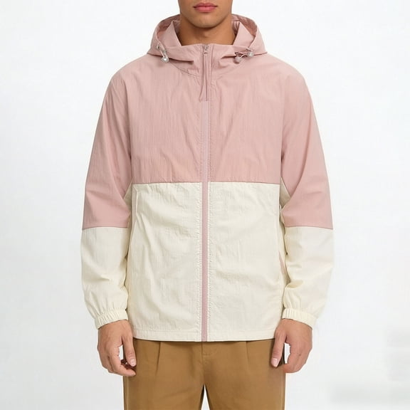 GUZOM Mens Color Block Stretch Hooded Jacket Windbreaker Nylon Spandex Water Resistant Dusty Pink Spring,Size M