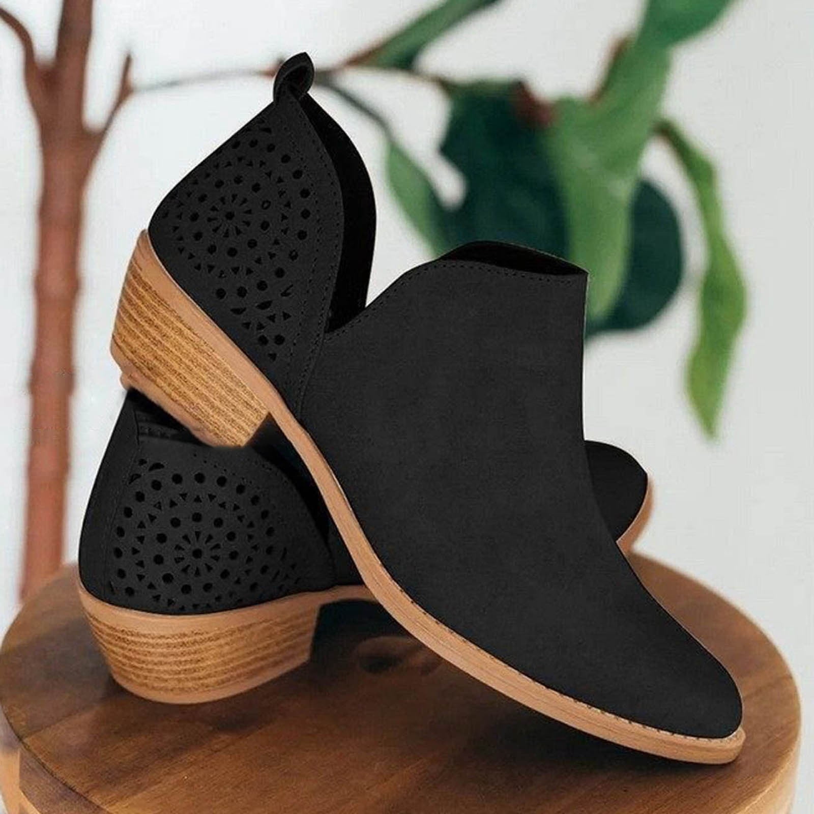 Dakaela Ankle Boots for Women Casual Slip on Loafers Chunky Low Heel Dress Shoes Cut out Work Booties