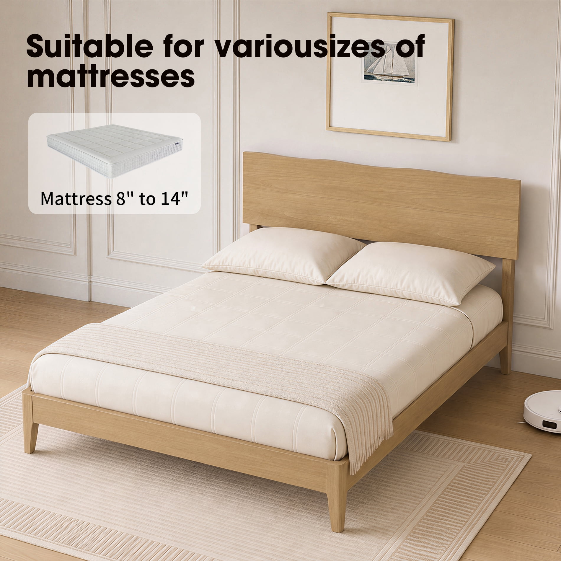 Queen Bed Frame with Wave Headboard, Solid Wood Legs,Oak