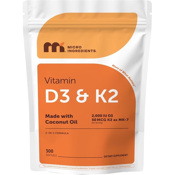 Micro Ingredients Vitamin D3 2,000 IU   K2 MK-7 50 mcg, 300 Virgin Coconut Oil Softgels | 2-in-1 Bone, Immune & Heart Support