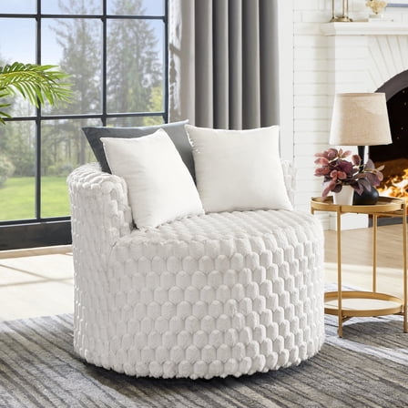 Newboti Malna Plush 3D Upholstered Barrel Accent Chair with Wheels, Off-white 823349270707279