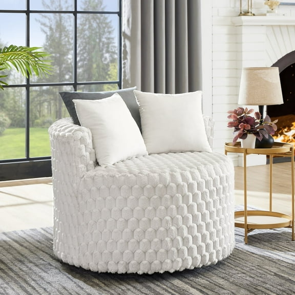 Newboti Malna Plush 3D Upholstered Barrel Accent Chair with Wheels, Off-white 823349270707279
