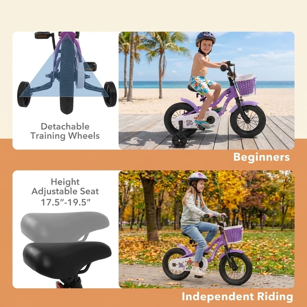 Redsmile Kids Bike 12 Inch with Training Wheels for Boys Girls Aged 3-4 Years Old, Toddler Bicycle with Adjustable Seat and Rider Height 31.5"-41.3", 110 lb Capacity, Purple