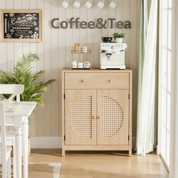 Rattan Sideboard Buffet Cabinet with Drawer, Adjustable Shelves, 26" x 13.8" x 32.3"