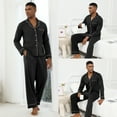 thumbnail image 3 of Mens Breathable Jersey Cotton Pajama Set - Button Down Soft Long Sleeve Sleepwear with Side Pockets, Relaxed Fit (Black,S), 3 of 10