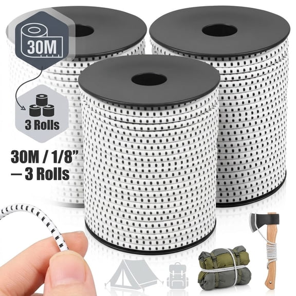 Tmwefusc Bungee Cord Roll, 3 Rolls White Elastic Cord 100 Feet Heavy Duty Elastic Shock Cord Nylon Stretch String Kayak Bungee Rope for DIY Crafting Sewing, Tie Downs, Hair Ties