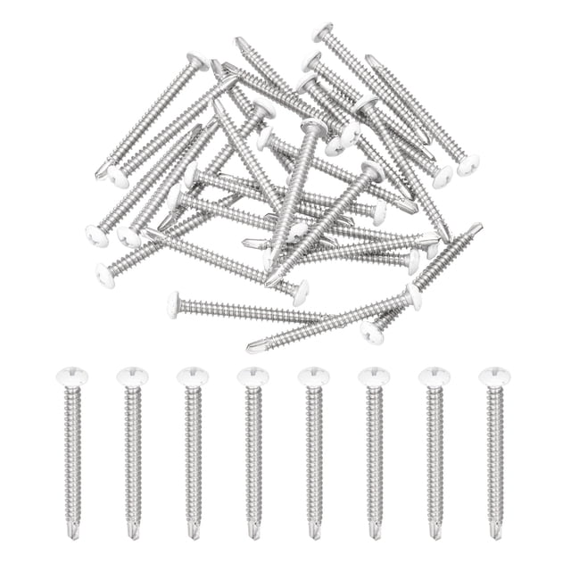 Uxcell 30Pcs M4.2x45mm White Thick Pan Head Self Tapping Screws for Metal, Silver