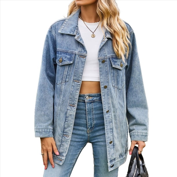 Chaquetas Vaqueras para Mujer, Modernas Chaquetas Vaqueras Estilo Camionero con Botones, Mangas Largas y Dobladillo Deshilachado. Azul L