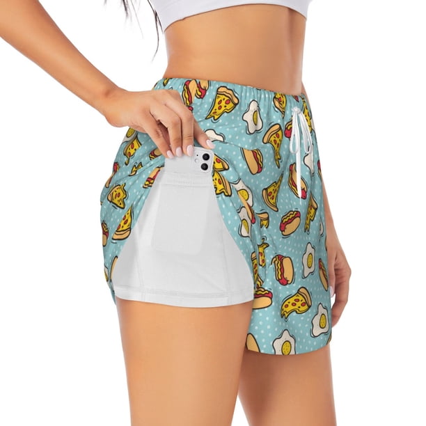 Balery Hot Dog Pizza Pantalones cortos deportivos para mujer con forro y dos bolsillos, elásticos, para entrenamiento, gimnasio, yoga-Small
