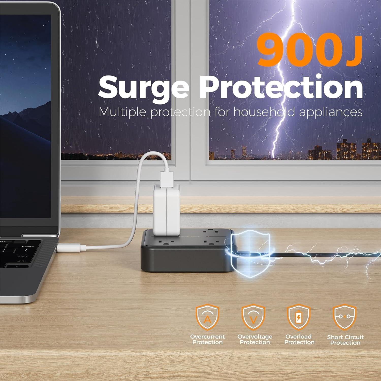 YUNZII Surge Protector Flat Extension Cord 5FT,4 Outlets 3 USB Ports, 900 Joules, Black