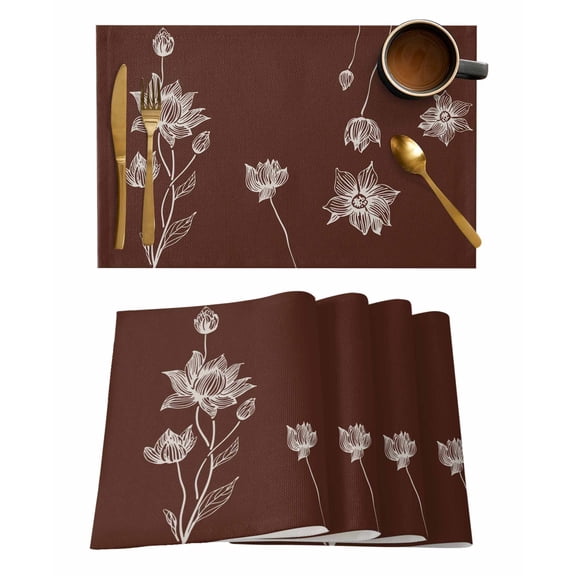 Placemats Set of 4, Brown White Floral Woven Placemat, Linen Place Mats for Kitchen/Dining Tables, Abstract Art Summer Botanical Washable Table Mats for Party