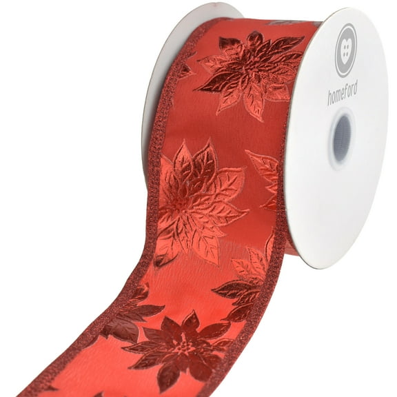 Homeford Christmas Metallic Embossed Poinsettias Wired Ribbon, Red, 2-1/2-inch, 10-yard