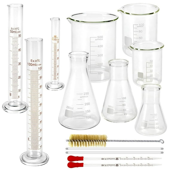 14-Piece Lab Glassware Set, Erlenmeyer Flasks (50/100/250ml), Beakers (50/100/500ml) & Graduated Cylinders (10/50/100ml) with Droppers, Stirring Rods & Brush for Home Science & Education