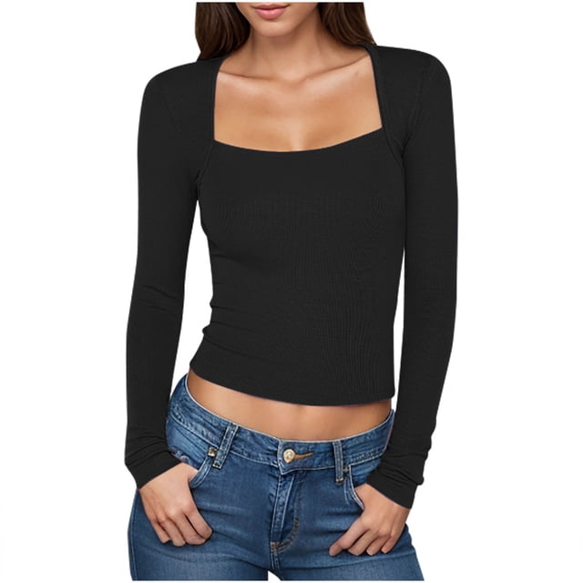 Women's Long Sleeve Crop Tops, Scoop Neck Slim Fit Tees Solid Color Undershirts Casual Stretch Basic Layering Tops