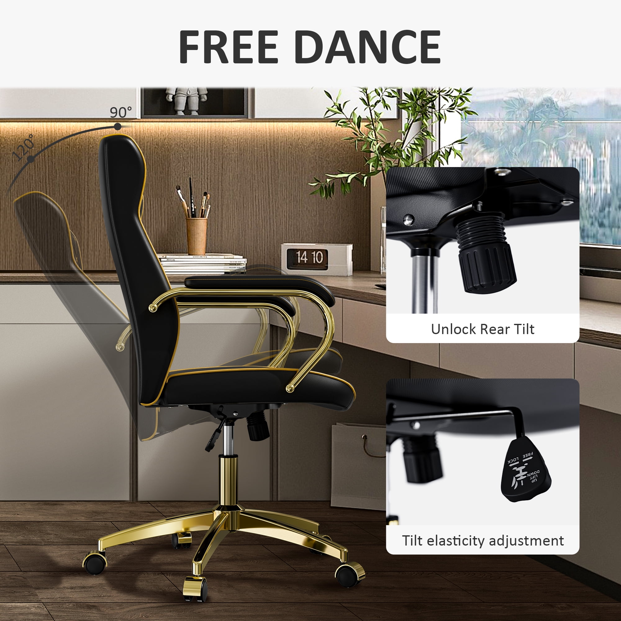Ninecer Swivel PU Leather Office Chair, Ergonomic High Back Desk Chair with Padded Armrests, Computer Desk Chair with Gold Metal Frame, Black