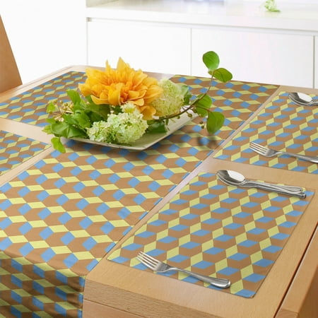 

Cubes Table Runner & Placemats Symmetrically Arranged Cubics in Soft Warm Tones Repeated Structure Set for Dining Table Placemat 4 pcs + Runner 12 x72 Camel Pale Green and Blue by Ambesonne